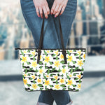 Plumeria Flower Striped Pattern Print Leather Tote Bag