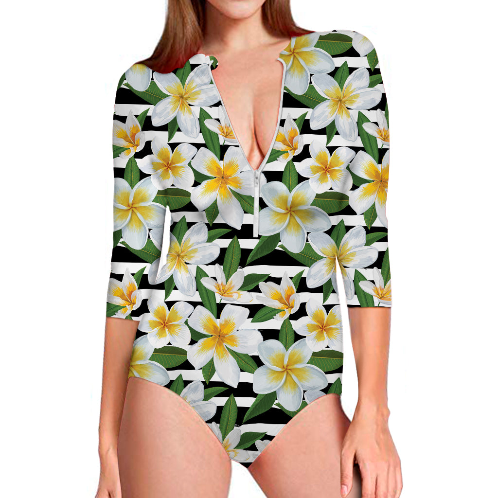 Plumeria Flower Striped Pattern Print Long Sleeve Swimsuit