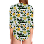 Plumeria Flower Striped Pattern Print Long Sleeve Swimsuit