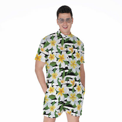 Plumeria Flower Striped Pattern Print Men's Rompers