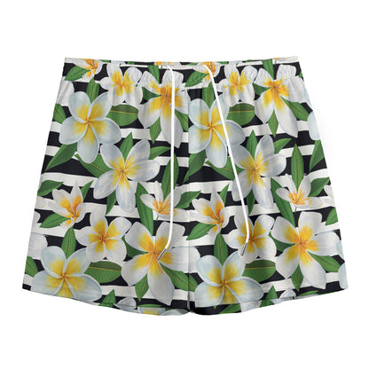 Plumeria Flower Striped Pattern Print Mesh Shorts