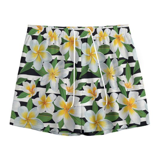 Plumeria Flower Striped Pattern Print Mesh Shorts