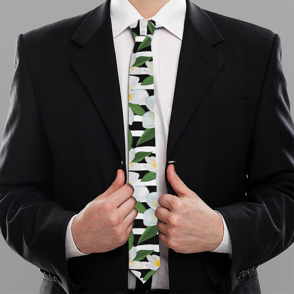Plumeria Flower Striped Pattern Print Necktie