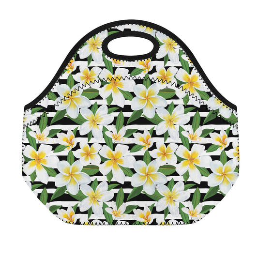 Plumeria Flower Striped Pattern Print Neoprene Lunch Bag