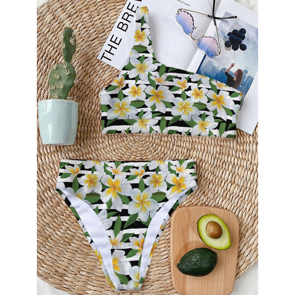 Plumeria Flower Striped Pattern Print One Shoulder Bikini Top