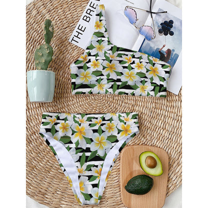 Plumeria Flower Striped Pattern Print One Shoulder Bikini Top