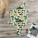 Plumeria Flower Striped Pattern Print One Shoulder Bodysuit