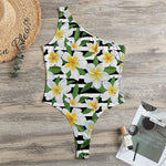 Plumeria Flower Striped Pattern Print One Shoulder Bodysuit