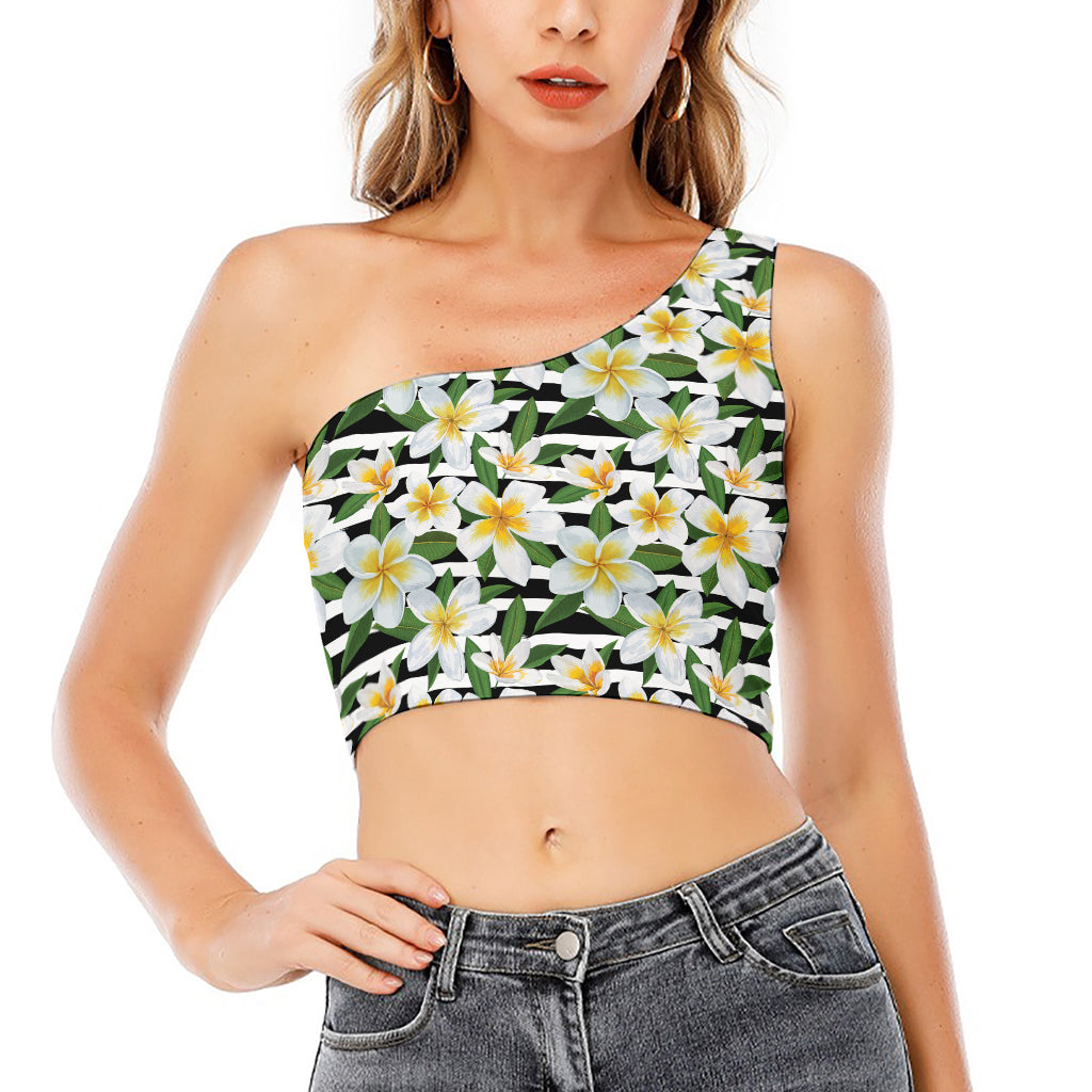 Plumeria Flower Striped Pattern Print One Shoulder Crop Top