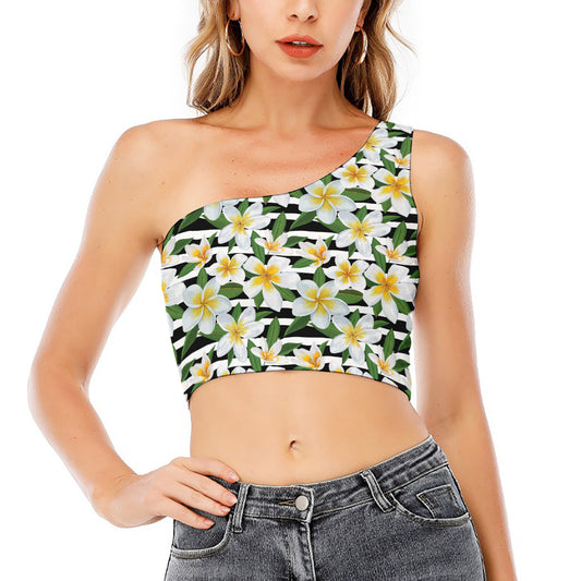 Plumeria Flower Striped Pattern Print One Shoulder Crop Top