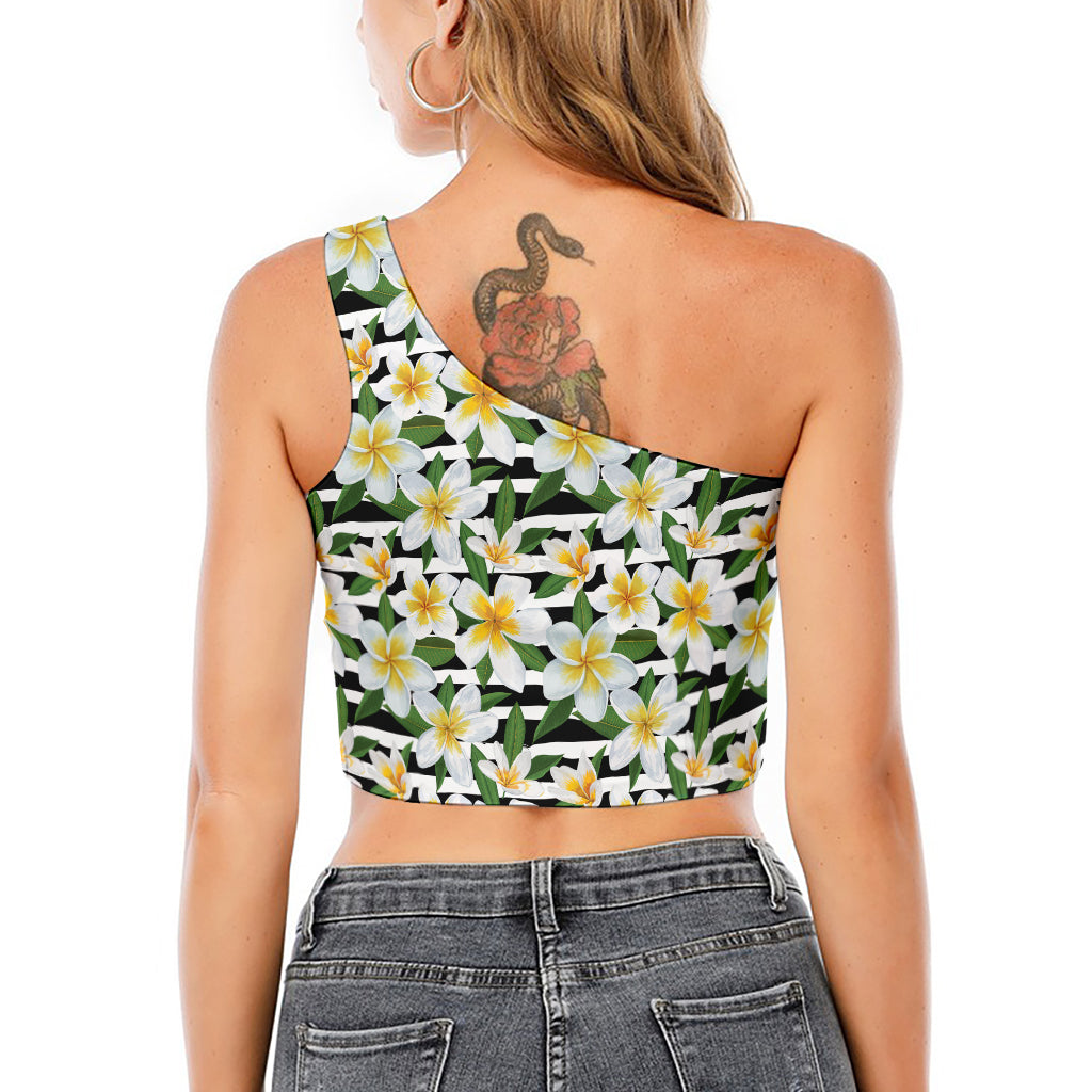 Plumeria Flower Striped Pattern Print One Shoulder Crop Top