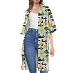 Plumeria Flower Striped Pattern Print Open Front Beach Cover Up