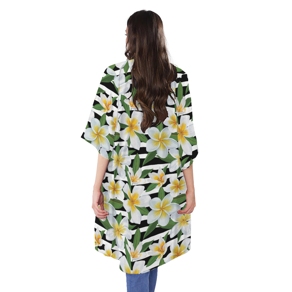 Plumeria Flower Striped Pattern Print Open Front Beach Cover Up