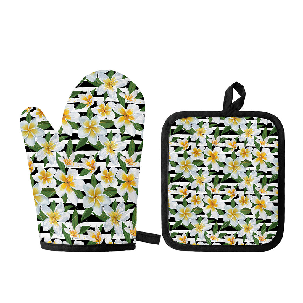 Plumeria Flower Striped Pattern Print Oven Mitt And Pot Holder Set