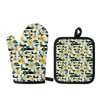 Plumeria Flower Striped Pattern Print Oven Mitt And Pot Holder Set