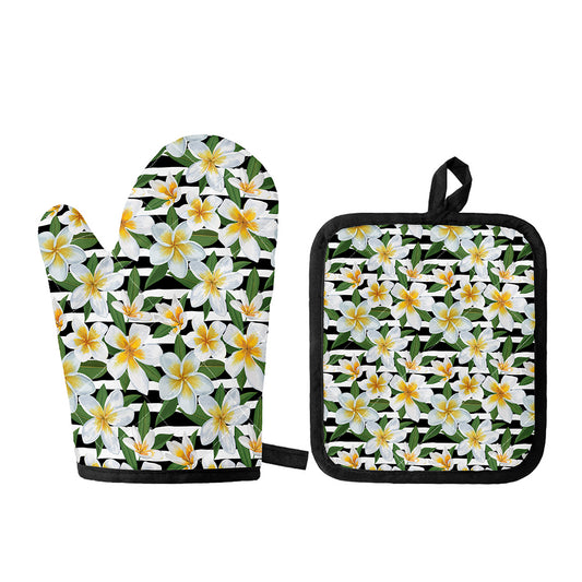 Plumeria Flower Striped Pattern Print Oven Mitt And Pot Holder Set