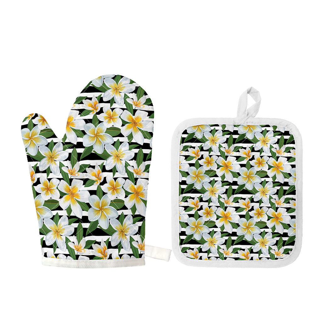 Plumeria Flower Striped Pattern Print Oven Mitt And Pot Holder Set