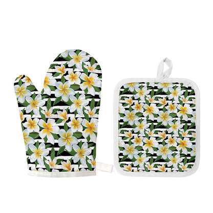 Plumeria Flower Striped Pattern Print Oven Mitt And Pot Holder Set