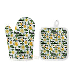Plumeria Flower Striped Pattern Print Oven Mitt And Pot Holder Set