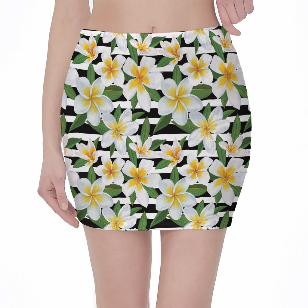 Plumeria Flower Striped Pattern Print Pencil Mini Skirt
