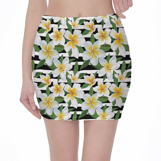 Plumeria Flower Striped Pattern Print Pencil Mini Skirt