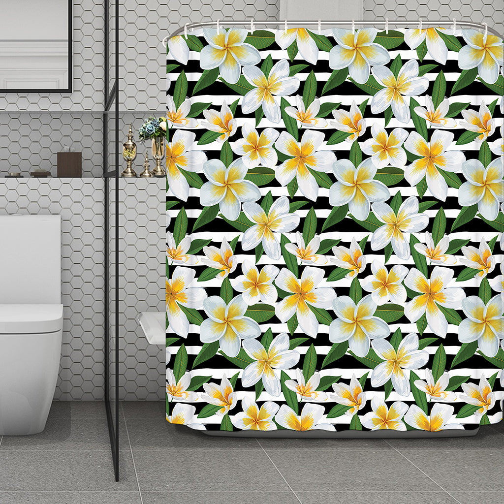 Plumeria Flower Striped Pattern Print Polyester Shower Curtain