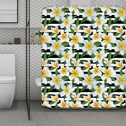Plumeria Flower Striped Pattern Print Polyester Shower Curtain