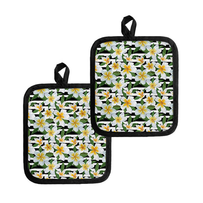Plumeria Flower Striped Pattern Print Pot Holders