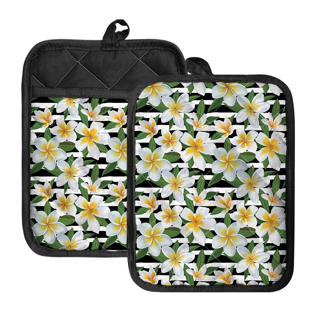 Plumeria Flower Striped Pattern Print Pot Holders With Pocket