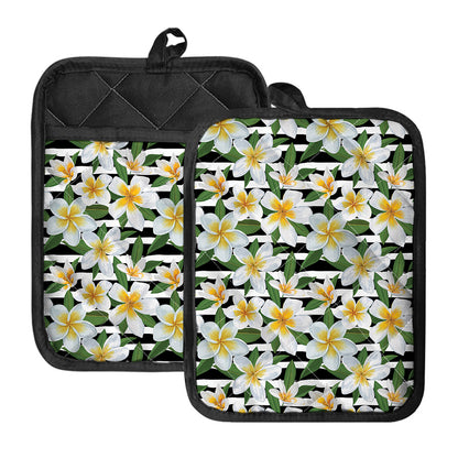 Plumeria Flower Striped Pattern Print Pot Holders With Pocket