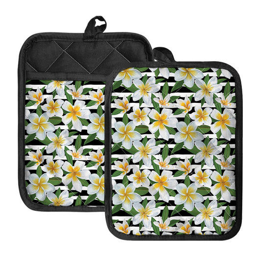 Plumeria Flower Striped Pattern Print Pot Holders With Pocket
