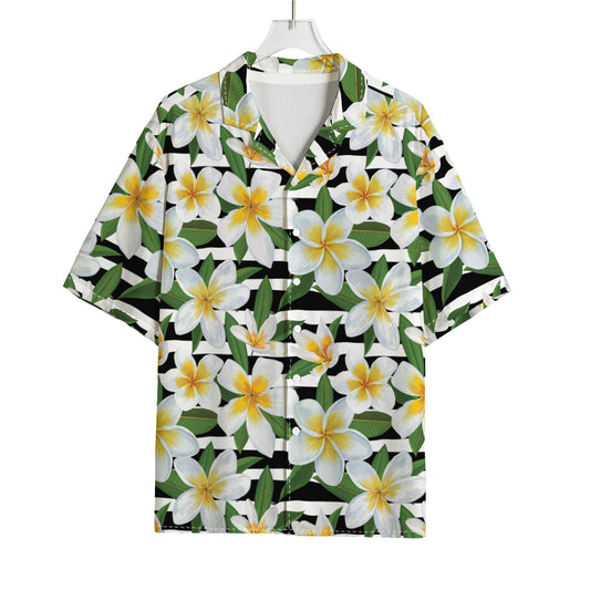 Plumeria Flower Striped Pattern Print Rayon Hawaiian Shirt