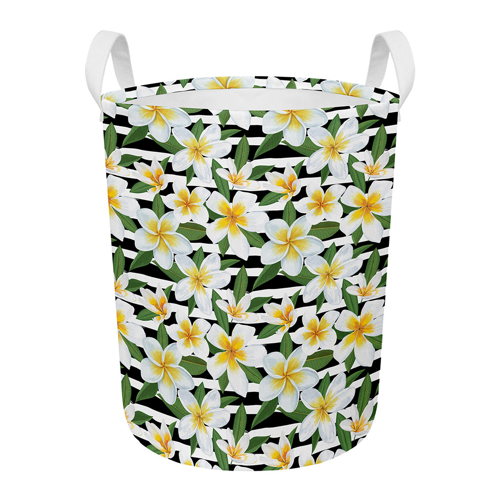 Plumeria Flower Striped Pattern Print Round Laundry Basket