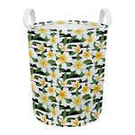 Plumeria Flower Striped Pattern Print Round Laundry Basket
