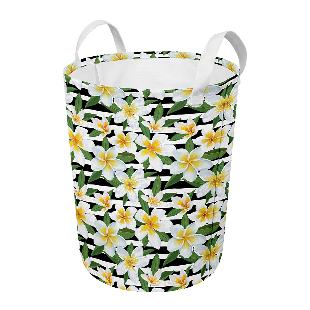 Plumeria Flower Striped Pattern Print Round Laundry Basket