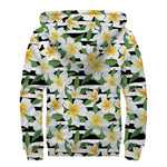 Plumeria Flower Striped Pattern Print Sherpa Lined Zip Up Hoodie