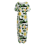 Plumeria Flower Striped Pattern Print Short Sleeve Long Nightdress