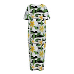 Plumeria Flower Striped Pattern Print Short Sleeve Long Nightdress