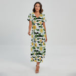 Plumeria Flower Striped Pattern Print Short Sleeve Maxi Dress