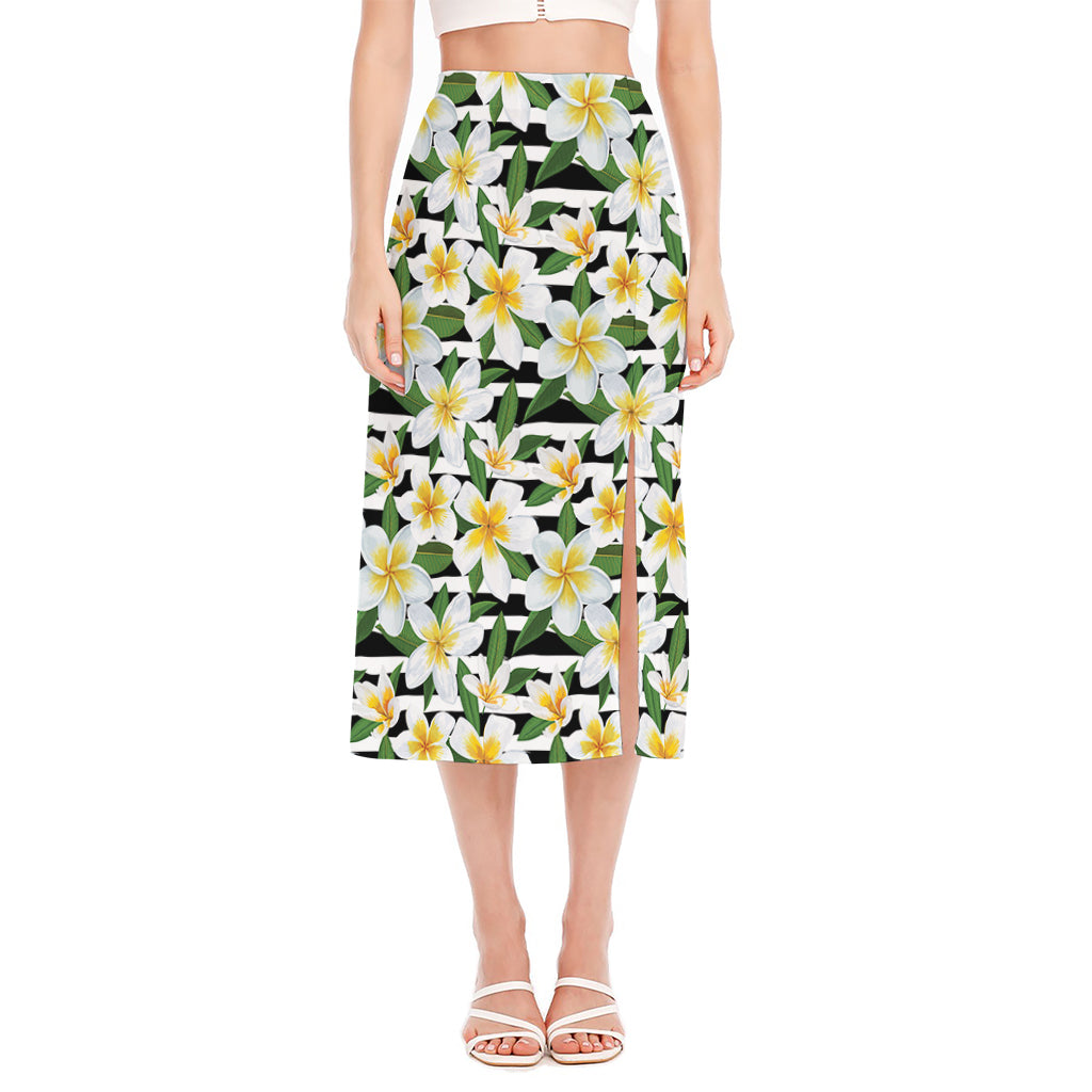 Plumeria Flower Striped Pattern Print Side Slit Midi Skirt