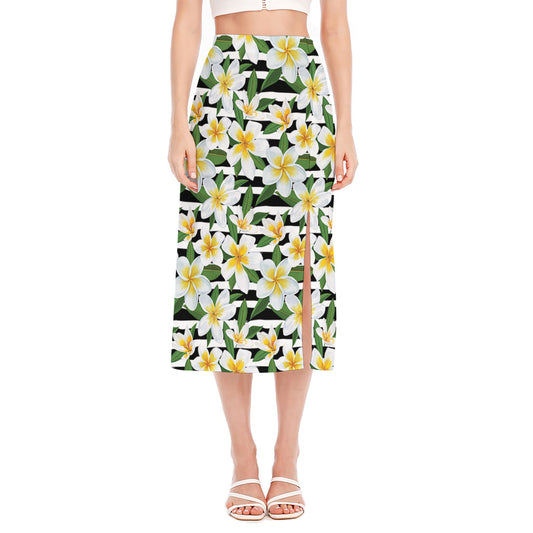 Plumeria Flower Striped Pattern Print Side Slit Midi Skirt