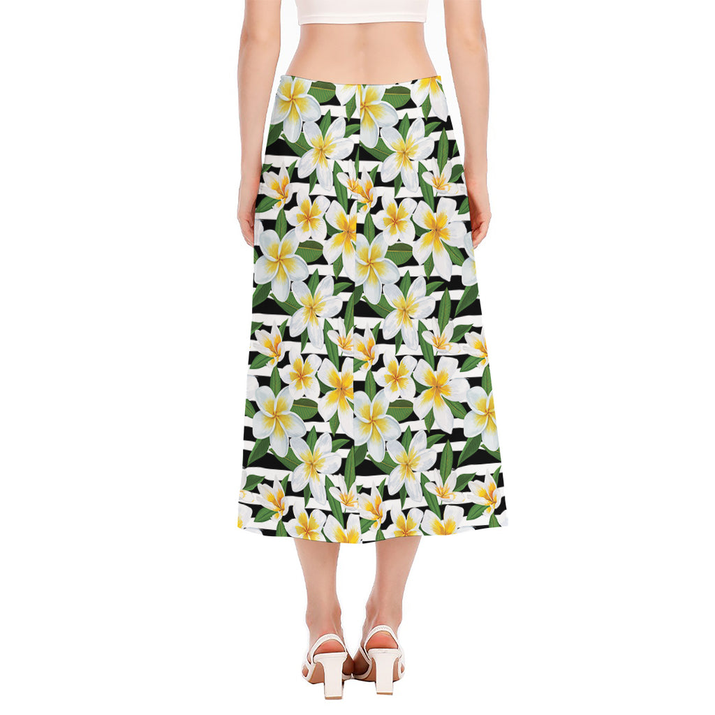 Plumeria Flower Striped Pattern Print Side Slit Midi Skirt