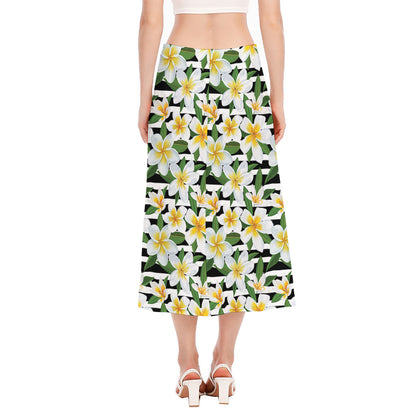 Plumeria Flower Striped Pattern Print Side Slit Midi Skirt