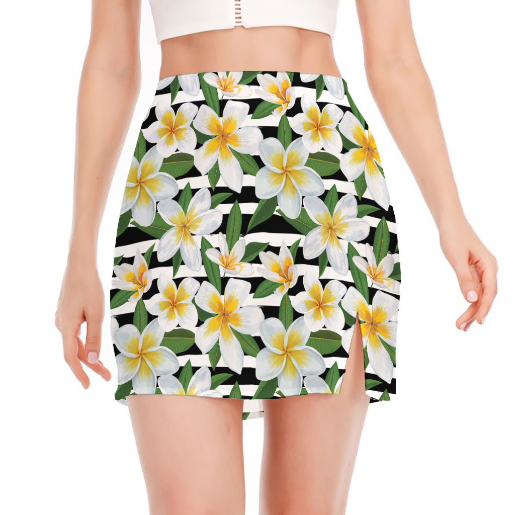 Plumeria Flower Striped Pattern Print Side Slit Mini Skirt