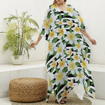 Plumeria Flower Striped Pattern Print Silk V-Neck Kaftan Dress