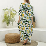 Plumeria Flower Striped Pattern Print Silk V-Neck Kaftan Dress