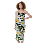 Plumeria Flower Striped Pattern Print Slim Fit Midi Cami Dress