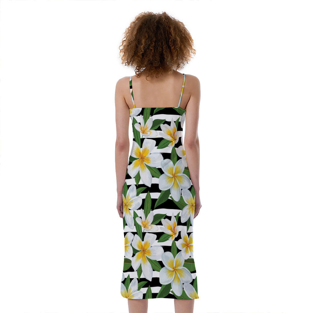 Plumeria Flower Striped Pattern Print Slim Fit Midi Cami Dress