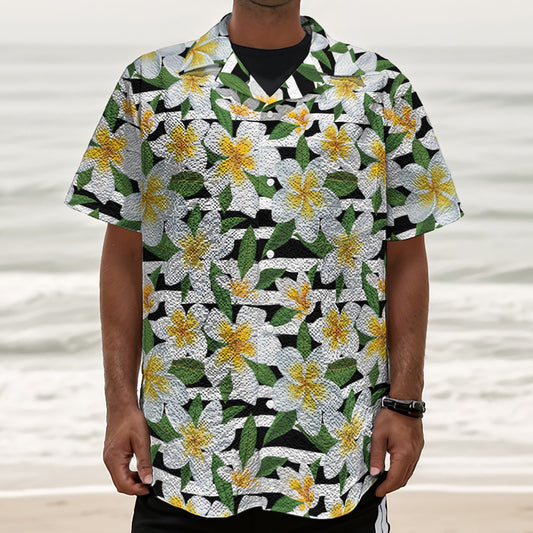 Plumeria Flower Striped Pattern Print Textured Short Sleeve Shirt