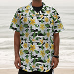 Plumeria Flower Striped Pattern Print Textured Short Sleeve Shirt